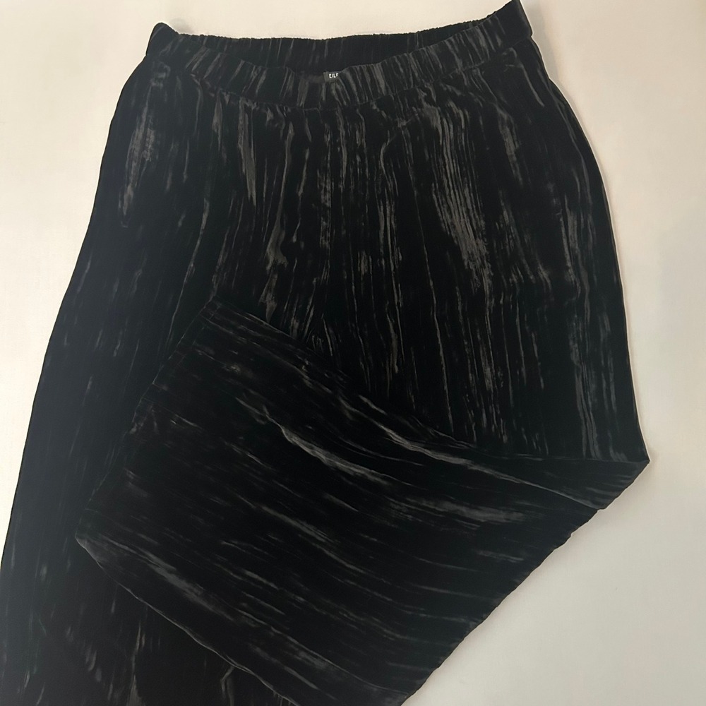 Eileen Fisher Pants Womens Petite L Black Crushed Silk Velvet Wide Leg Pull On